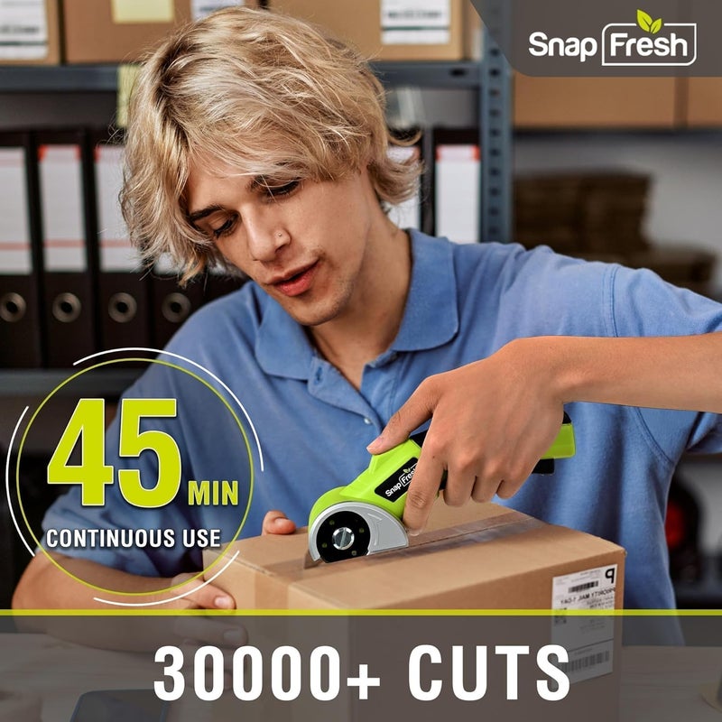 SnapFresh 4V Cordless Electric Scissors-Rechargeable Rotary Box Cutter w/ 2.0Ah Battery, 2 Self-Sharpening Blades, LED Light & Safety Lock,Carpet Cutter Tool for Cardboard, Fabric, Leather, Plastic - Image 2